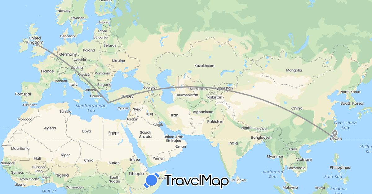 TravelMap itinerary: driving, plane in United Kingdom, Greece, Taiwan (Asia, Europe)